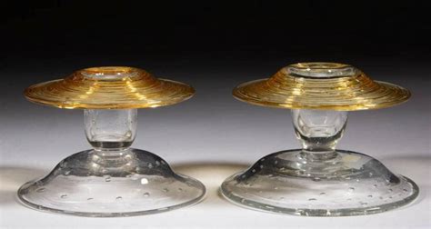 Steuben Attributed Reeded Art Glass Pair Of Candlesticks