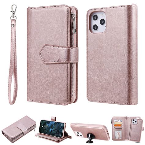 iPhone 12 Pro Max Zipper Wallet Magnetic Detachable 2 in 1 Case Rose Gold