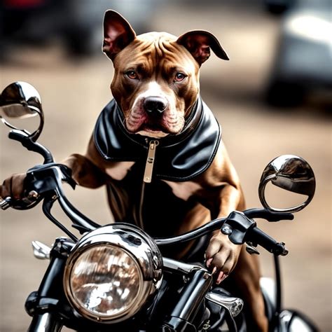 Pitbull hund der schwarzes motorrad fährt pitbull hund in lederkleid