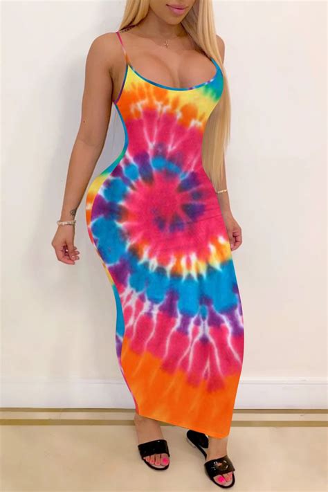 Wholesale Purple Sexy Print Tie Dye Backless Spaghetti Strap Long Dress