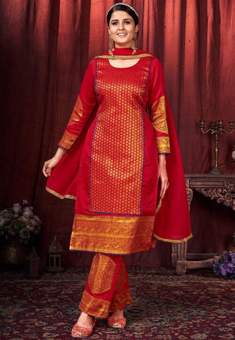 Buy Woven Art Silk Jacquard Pakistani Suit In Red Online KJC2552