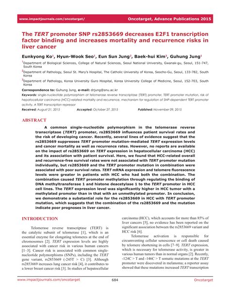 Pdf The Tert Promoter Snp Rs2853669 Decreases E2f1 Transcription