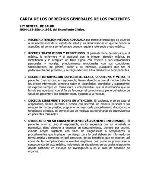 Carta De Los Derechos Generales De Los Pacientes