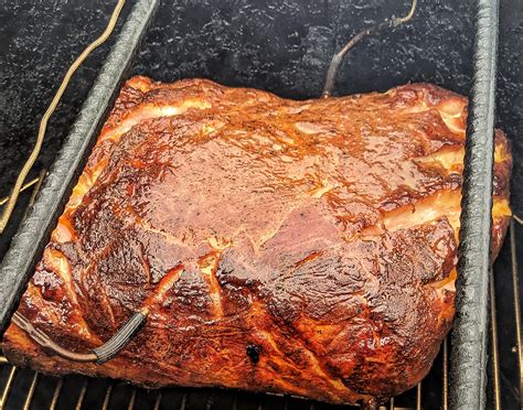 Smoked pork shoulder with peach rub cooked at 250 until internal temp reached 168 then double ...