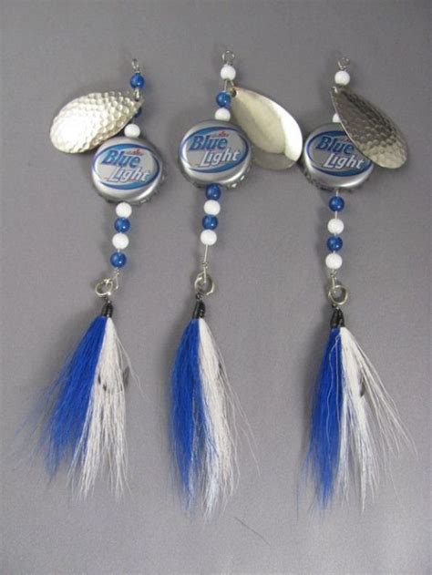 Blue Light Beer Cap Fishing Lures Set Of Three Spinners With Bucktail