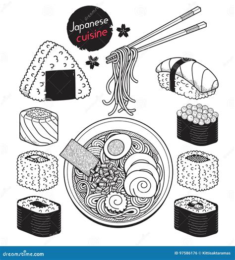 Japan Food Doodle Elements Hand Drawn Style Stock Vector