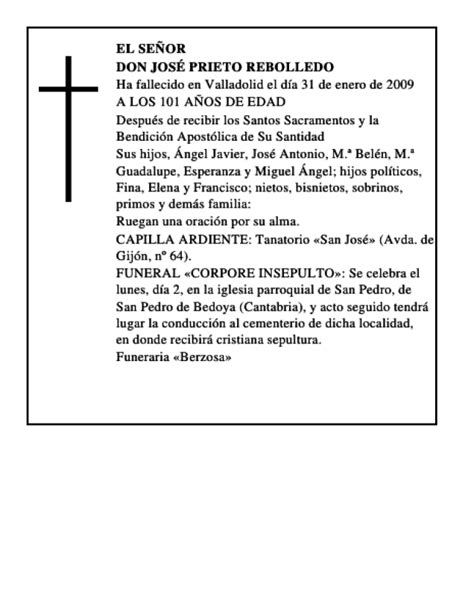 DON JOSÉ PRIETO REBOLLEDO Esquela Necrológica El Norte de Castilla