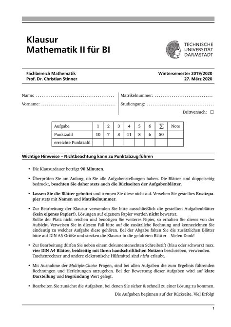 W Mathe Bi Alte Klausur Klausur Mathematik Ii F R Bi