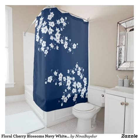 Floral Cherry Blossoms Navy White Classic Shower Curtain Zazzle