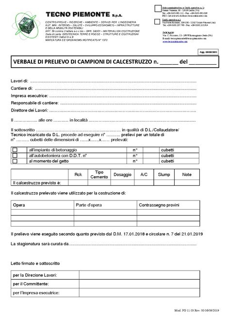 Verbale Di Prelievo Calcestruzzo Agg 08 08 2019 Editabile Tecno Piemonte