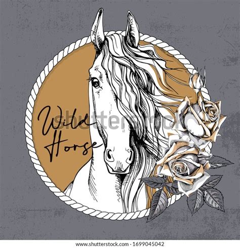 Portrait Horse Rose Flowers Bud Leaves Stock Vector Royalty Free