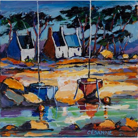 Peinture Maisons bretonnes et barques rouge et bleue par Cédanne