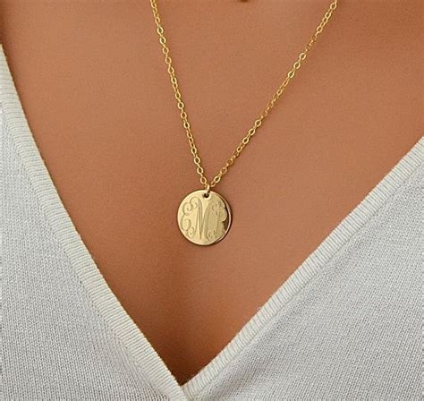 Large Disc Necklace Monogram Necklace Gold Necklace Initial Etsy