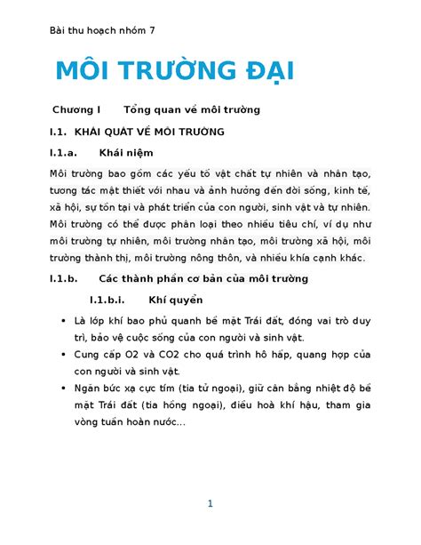 Bài thu hoạch chương 1 Chương I Tổng quan về môi trường I KHÁI QUÁT