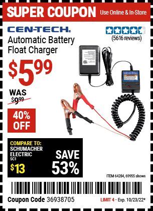 Cen Tech Automatic Battery Float Charger For Harbor Freight