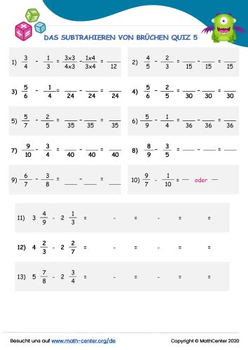 F Nfte Klasse Quizze Das Subtrahieren Von Br Chen Math Center