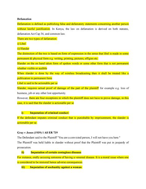 Defamation Lecture Notes 2 Defamation Defamation Is Defined As