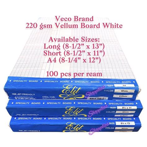 Veco Vellum Board 220gsm White 100 Pcs 10 Packs X 10 Pieces Total Of