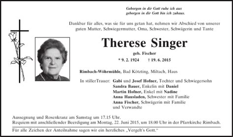 Traueranzeigen Von Therese Singer Mittelbayerische Trauer