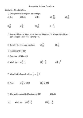 Gcse Foundation Revision Questions On Fractions Decimals And Percentages Teaching Resources