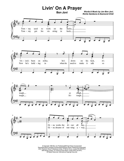 Livin On A Prayer By Bon Jovi Sheet Music For Piano Solo