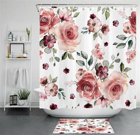 Spring Blossoms Watercolor Floral Shower Curtain Set With Fresh Green