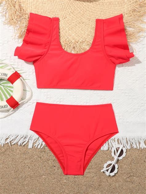 Shein Conjunto De Mai Bikini Babado Liso Para Menina Na