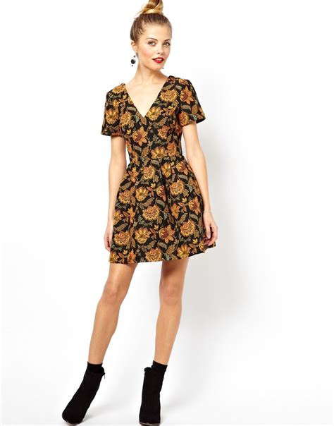 Lyst Asos Skater Dress With V Neck In Floral Jacquard