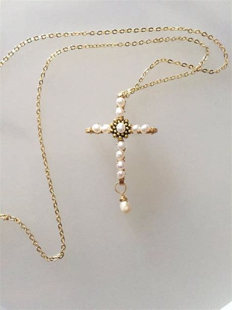 Pearl Cross Necklace Cross Pendant Pearl Necklace Wire Wrapped Cross