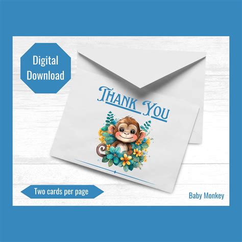 Baby Monkey Thank You Card Printable Digital Download 5x35 Blank