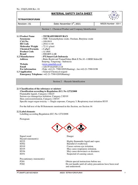 Msds Tetrahydrofuran Pdf Toxicity Personal Protective Equipment