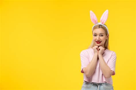 Free Photo Easter Adorable Pretty Young Blonde Girl With Bunny Ears Happily Holding Hands