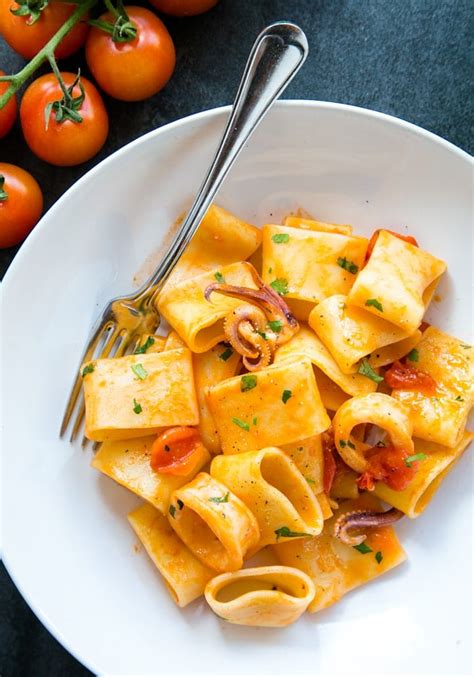 Italian Calamarata Pasta With Calamari Tomato Sauce The Petite