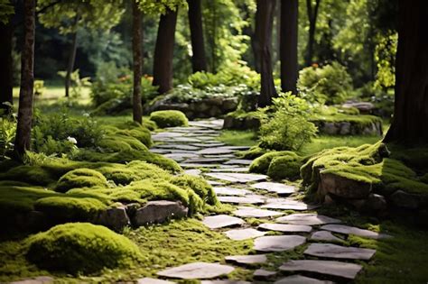 Premium Ai Image Garden Stone Path With Grass Growing Up Between The