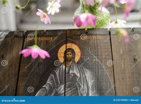 Wooden Icon Of The Resurrection Of Jesus Christ Surrounded By Pink