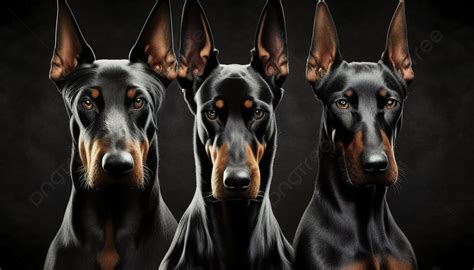 Three Doberman Dogs Standing Side By Side On A Black Background