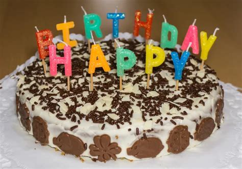 Chocolate Cake With Happy Birthday Candles Selective Focus On — Stock