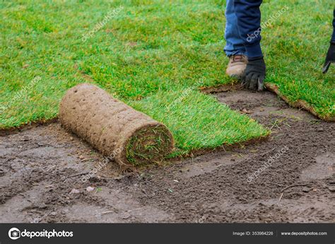 Man Laying Grass Green Rolls New Garden Lawn — Stock Photo © Photovs