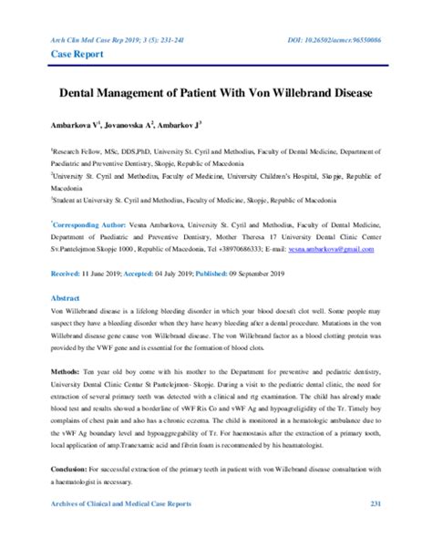 Pdf Dental Management Of Patient With Von Willebrand Disease Fortune Journals