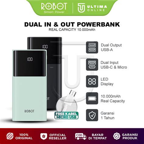 Jual ROBOT RT190S 10000mAh LED Powerbank Dual Input Type C Micro USB