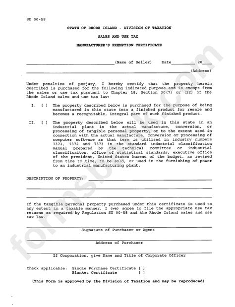 Form Su 00 58 Manufacturer S Exemption Certificate State Of Rhode Island Division Od