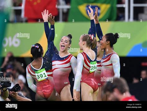 The Womens Artistic Gymnastics Team From The Usa Celebrates During The