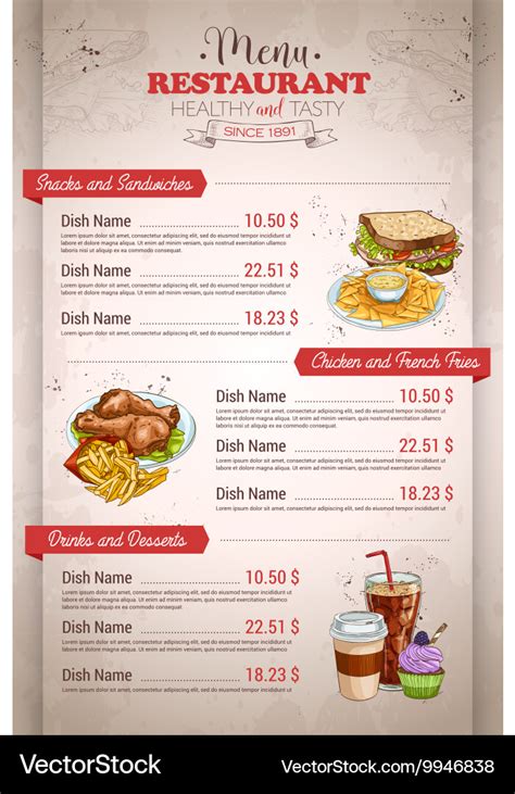 Restaurant Vertical Color Menu Royalty Free Vector Image