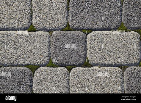 Industrial Building Background Of Paving Slabs With Overgrown With Moss