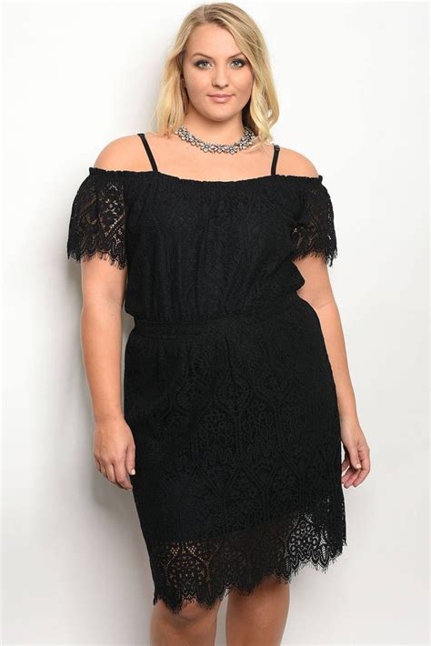 Lace Open Shoulder Plus Size Short Sleeve Knee Length Dress Black