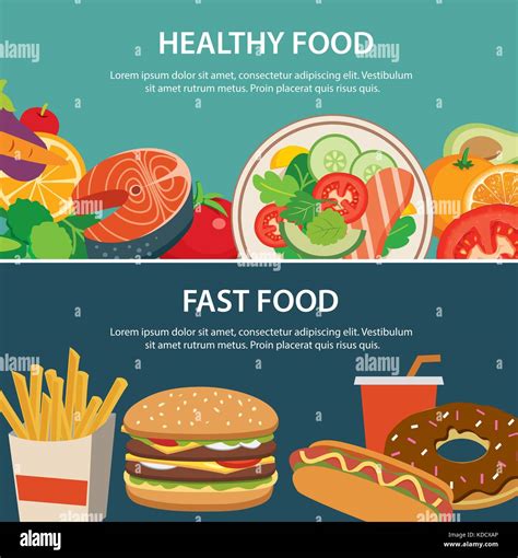 Healthy Food And Fast Food Concept Banner Flat Design Stock Vector