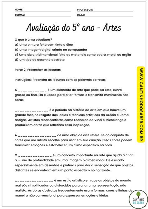 Avalia O De Artes Ano Bimestre Ensino Fundamental