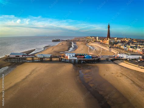 Blackpool Beach, Tower, Central and North Piers Stock Photo | Adobe Stock