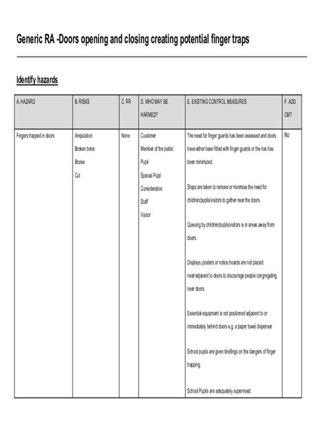 Fillable Online Guidance Note Risk Assessment For Finger Trapping In