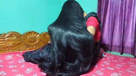 Beautiful Indian Woman Gorgeous Black And Silky Long Hair Play Hair